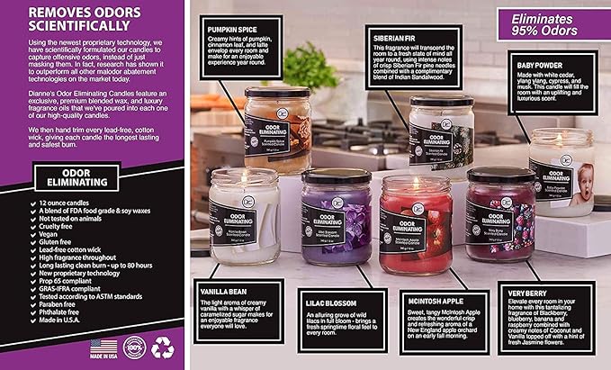 Peppermint Odor Eliminating Highly Fragranced Candle - Eliminates 95% of Pet, Smoke, Food, and Other Smells Quickly - Up to 80 Hour Burn time - 12 Ounce Premium Soy Blend