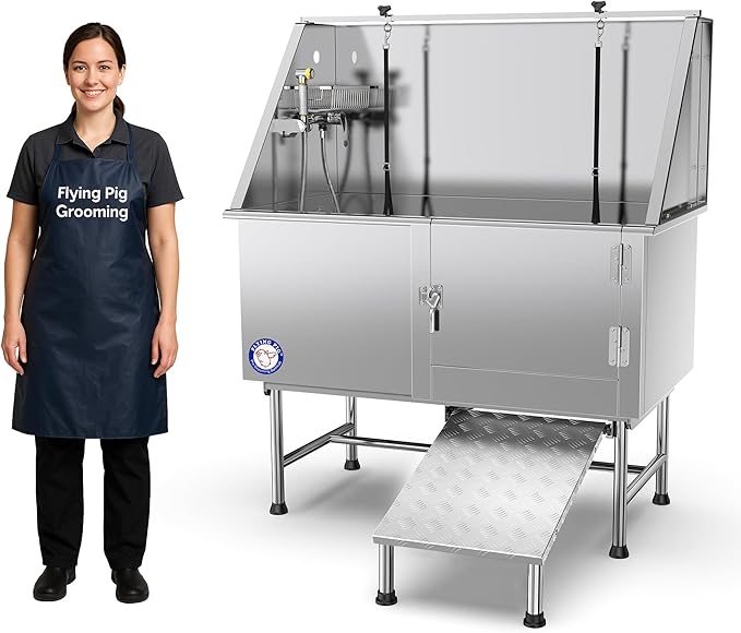 Flying Pig 50" Stainless Steel Pet Dog Grooming Bath Tub with Walk-in Ramp & Accessories (Right Door/Left Drain)