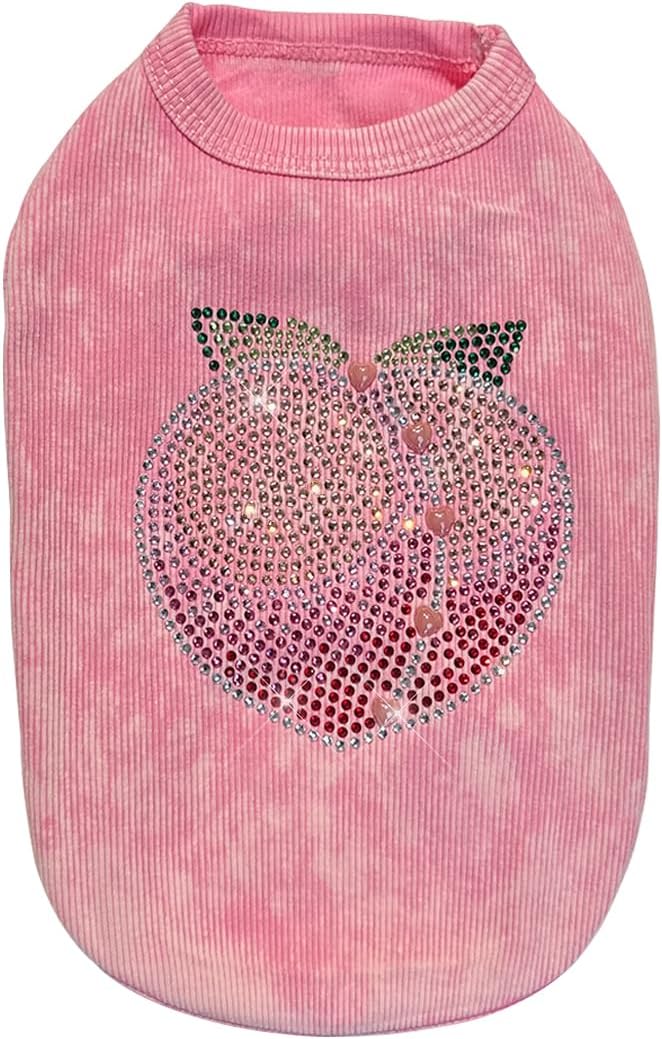 Washed Cotton Pet Vest with Rhinestone Fruit Designs, Soft & Stylish Small Dog Cat Vest for Spring Summer, Breathable & Shiny (Pink-Peach, X-Small)