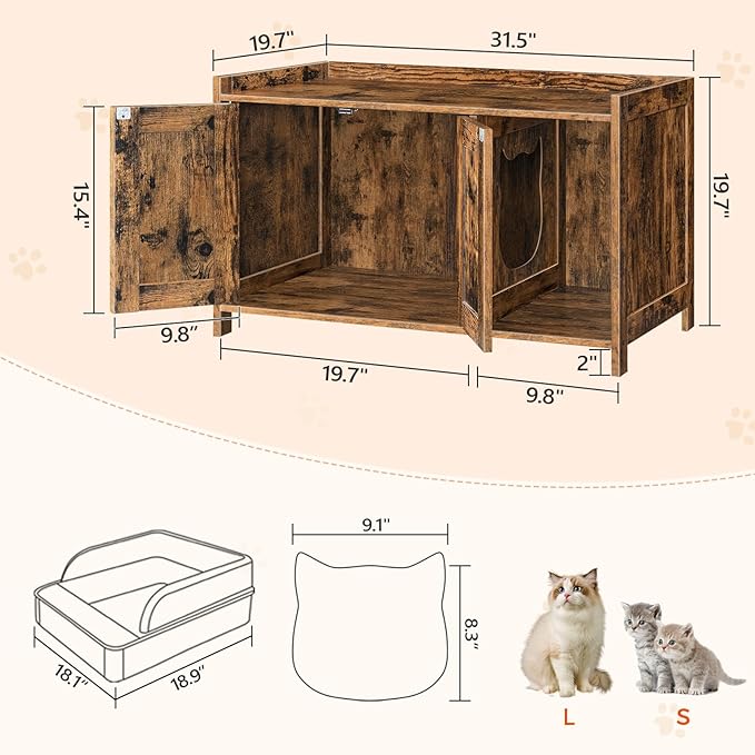 Cat Litter Box Enclosure, Hidden Litter Box Furniture with Divider, Indoor Cats House, Wooden Cat Washroom Storage Cabinet Bench, Side End Table Nightstand, Rustic Brown CWHR2501Z