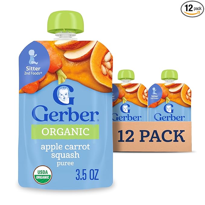 Gerber Stage 2 Baby Food, Organic Apple Carrot Squash Puree Pouch, 2 Servings of Fruit & Veggie, No Added Sweetener, No Artificial Colors or Flavors, 12-Pack