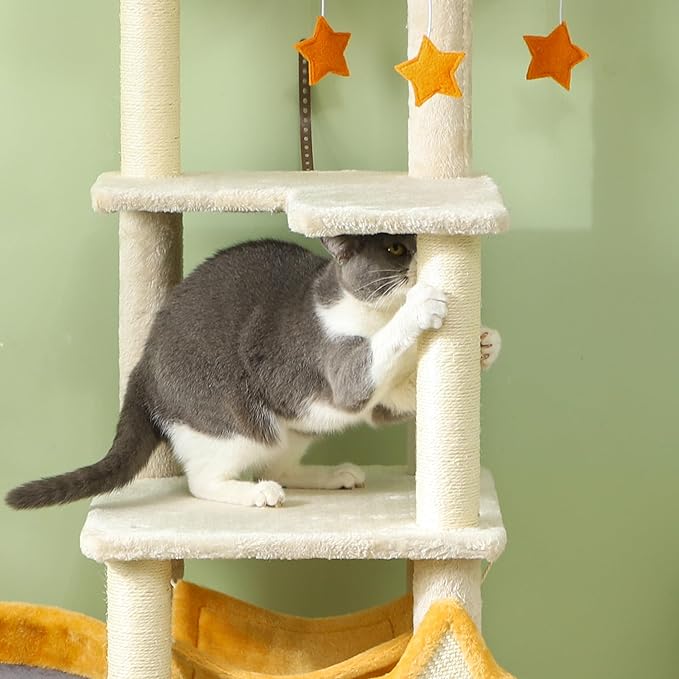 PawHut Cat Tower, 63 Inch Tree for Large Adult Indoor Cats with Scratching Post, Hammock, Condo, Bed, Scratching Board & Toys, Moon and Star Themed Cat Tree Tower, Beige