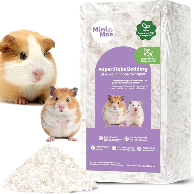 mini&moe Hamster Bedding 25 Liters: Dust-Free and Odor Control Moisture Absorbent Natural Paper Small Pet Bedding - for Guinea Pigs, Hamsters, Rabbits, and Small Animal