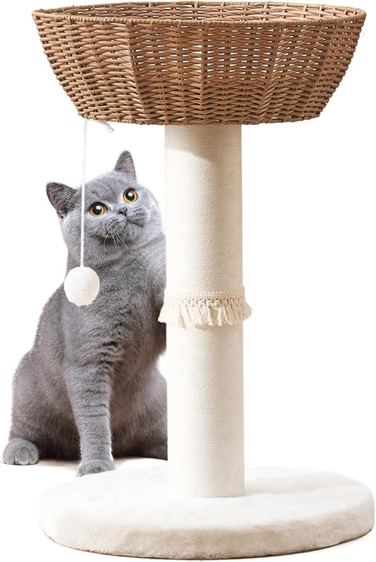 Cat Tree Tower, Handwoven Cat Condo with Nest Basket Bed, Cotton Scratching Post, Funny Hanging Toy Ball, 2 Sides Cushion Top Perch, Rattan