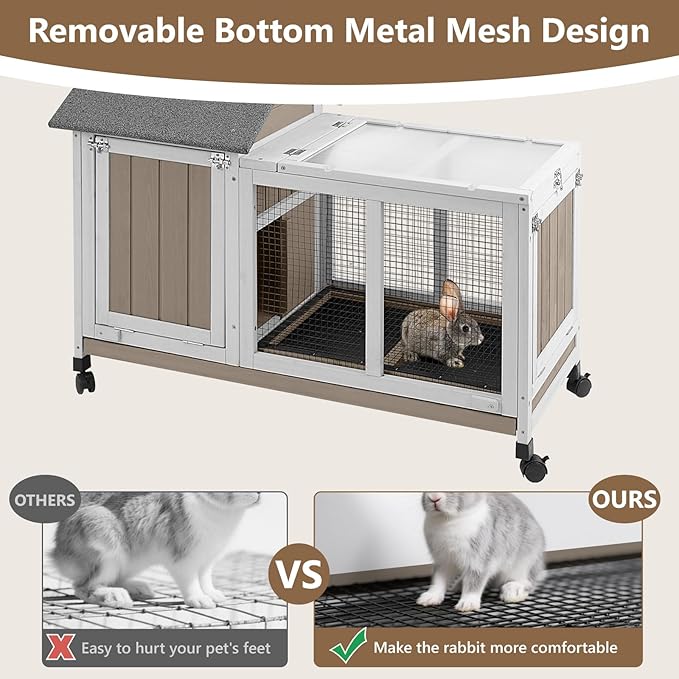 38''L Small Rabbit Hutch Outdoor Indoor with Wheels, Wooden Expandable 2 Story Bunny House Rabbit Cage with Run, Waterproof Roof, Pull Out Tray, Guinea Pig Cage Chicken Coop for Small to Medium Pets
