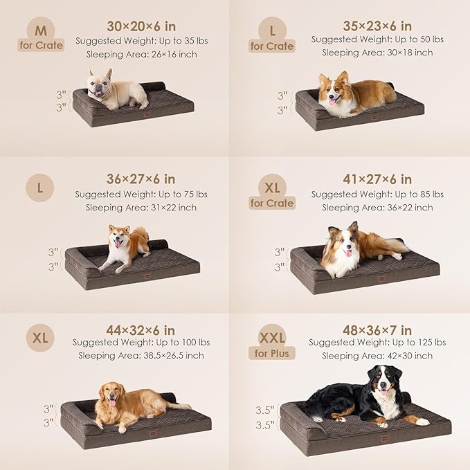 EHEYCIGA Memory Foam Dog Bed Medium Sized Dogs, Waterproof Dog Bed Orthopedic with Washable Removable Cover, Non-Slip Pet Bed Couch for Crate, 30x20x6 Inches, Brown