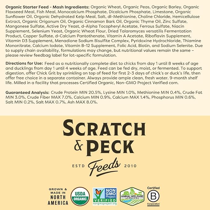Scratch and Peck Feeds Whole Grain Starter Mash Chicken and Duck Feed - 25 lbs Bag - Corn-Free and Soy-Free - 20.5% Protein, Certified Organic and Non-GMO Project Verified Chicken Food