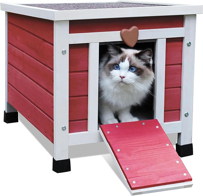Waterproof Cat House for Outdoor Cats, Wooden Small Pet House Outside, Weatherproof Feral Cat Shelter with Elevated Floor and Lockable Door - Red