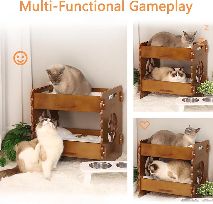 Wooden Cat Bed,Elevated Cat Bed Furniture,Cat Bunk Beds for 2 Indoor Cats,Wood Cat Condo with Mattress,Protect Cat's Hip Joint,All Seasons,Sturdy and Durable(19.7"x15"x19.2",Brown)