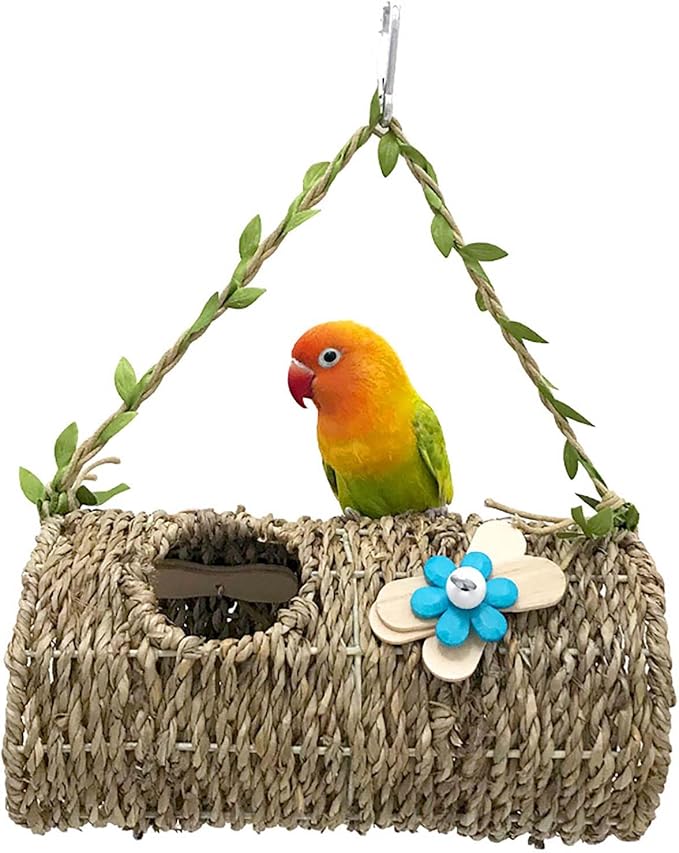 Seagrass Bird House Sea Grass Tent Parrot Tunnel with Holes and Lovely Flower Decor Natural Hanging Hammock Swing Nest Bird Snuggle Hut Toy for Hamster Lovebird Budgie Random Color