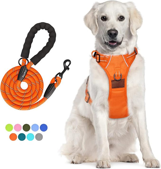 PoyPet No Pull Dog Harness and 5 Feet Leash Set, Release on Neck Reflective Adjustable Pet Vest, Front & Back 2 D-Ring and Soft Padded Pet Harness with Handle for Small to Large Dogs(Orange,L)