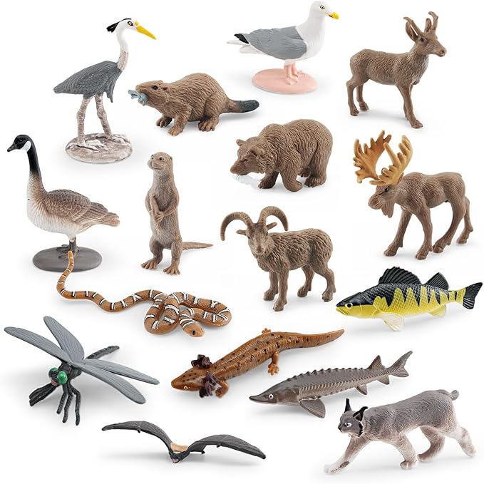 1-2 Inch Mini Biome Great Lakes North American Set for Cake Topper Plastic Animals Figurines Set Water Snake Bat Goose Figurines Dragonfly Figure Toy Gift for Kid Toddlers
