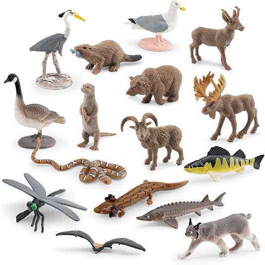 1-2 Inch Mini Biome Great Lakes North American Set for Cake Topper Plastic Animals Figurines Set Water Snake Bat Goose Figurines Dragonfly Figure Toy Gift for Kid Toddlers