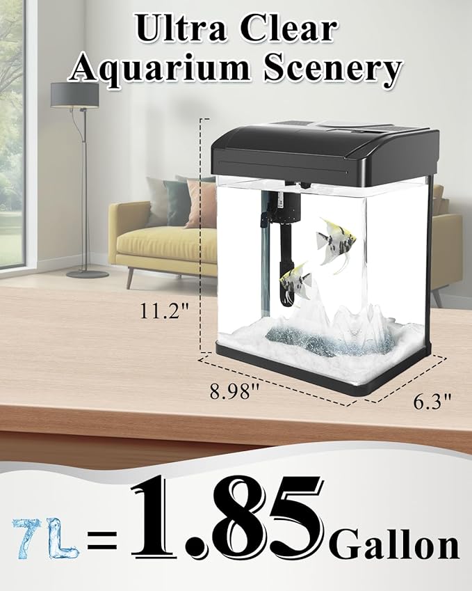 Small Fish Tank Aquarium Kit, HD Glass Betta Fish Tank with 3-in-1 Silent Water Pump Filter System, Self Cleaning Aquarium Starter Kit with LED Light Suitable for Small Fish or Shrimp