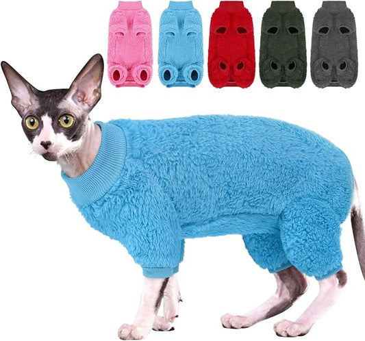 SUNFURA Sphynx Hairless Cat Sweater, Full Body Warm Fleece Sweaters with Sleeves for Cats, Soft Turtleneck Cat Clothes, Cozy Pullover Pajamas for Hairless Cats Devon, Donskoy & Small Dogs, Blue L