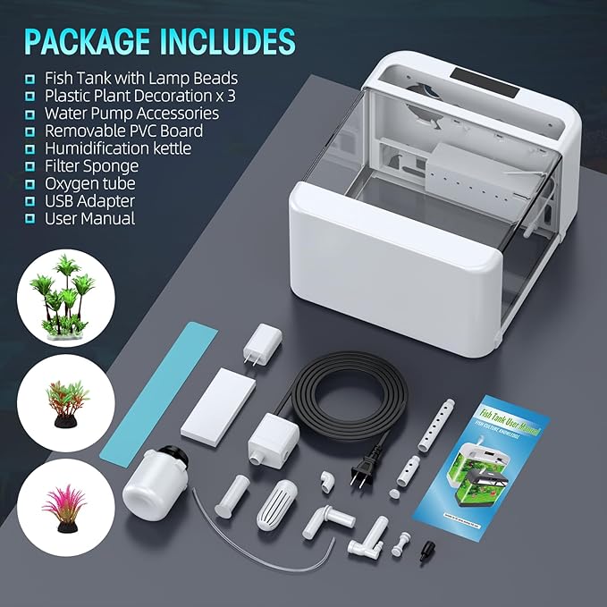 Fish Tank 2.2 Gallon Aquarium Tank Kit,with 3 Color Auto-Looping Light,Fish Bowl with Humidifier Pump,Fish Tank Small Aquarium,Temperature Display, Humidifier Function for Aquariums Starter Kits