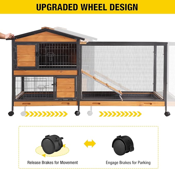 Aivituvin Rabbit Hutch 60.8" Rabbit Cage Indoor Outdoor Guinea Pig Cage on Wheels Bunny Cage with 3 Deep No Leakage Pull Out Tray,Waterproof Roof