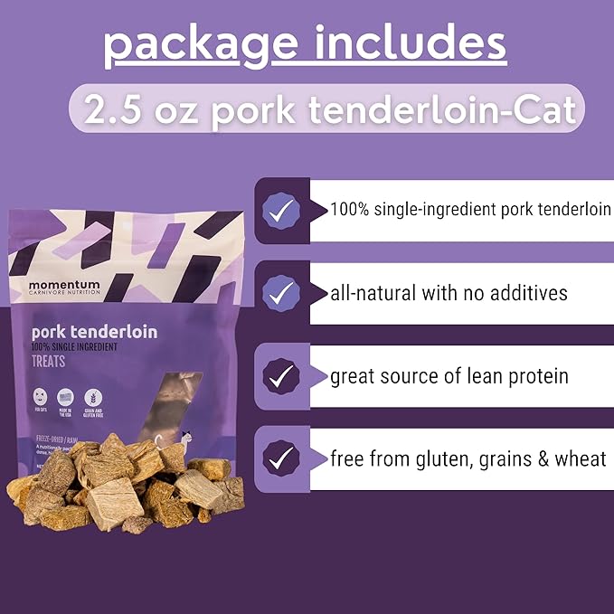Momentum Carnivore Nutrition Freeze-Dried Pork Tenderloin Cat Treats – Single-Ingredient, All-Natural, Grain-Free Treats – 2.5 oz Bag