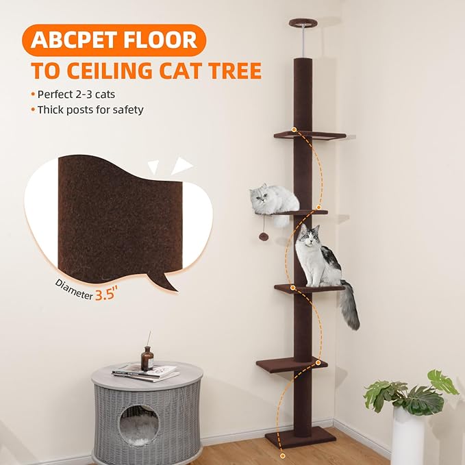 Cat Tree Floor to Ceiling Cat Tower 5-Tier Carpet Kitten Tree Cat Climbing Tower with Adjustable Height 98"-108", Tall Cat Trees with Platforms and Dangling Balls for Indoor Cats, Coffee