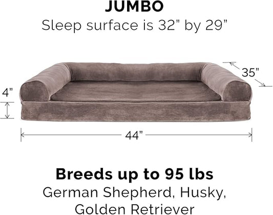 Furhaven Orthopedic Dog Bed for Large Dogs w/ Removable Bolsters & Washable Cover, For Dogs Up to 95 lbs - Faux Fur & Velvet Sofa - Driftwood Brown, Jumbo/XL