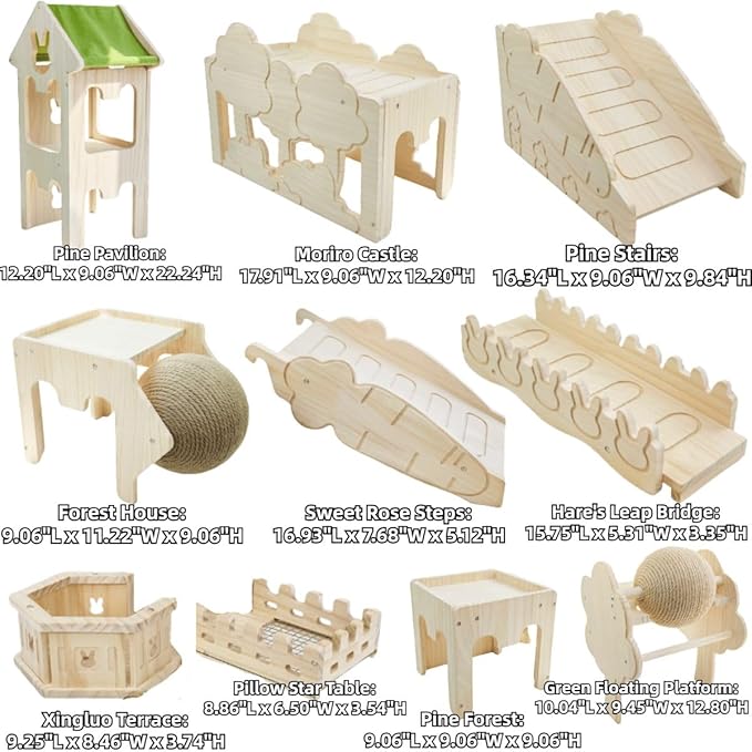Wooden Guinea Pig Hideout, Bunny Houses and Hideouts Climbing Toys, Hamster Maze, Small Animal Accessories for Rabbit, Chinchilla, Rat, Mice, Gerbil (Combinations 13)