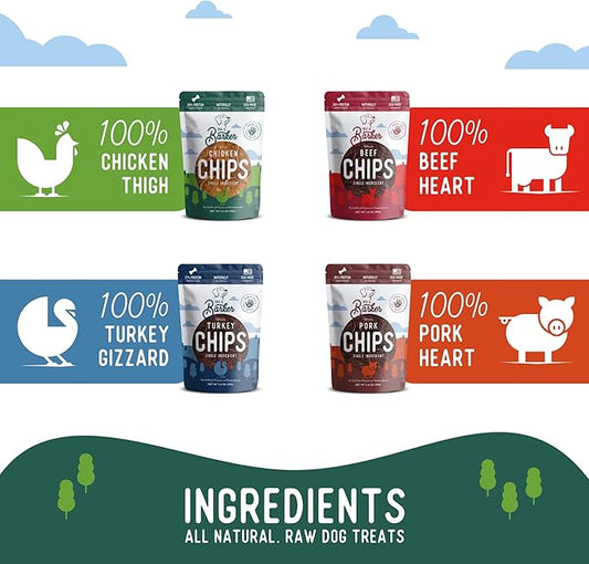 Beg & Barker Jerky Chips for Dogs Variety (3.5oz, Pack of 4) - Single Ingredient Dog Treats Made for Small and Large Dogs Protein Human Grade Dog Treats Made from Real Meat, Made in USA
