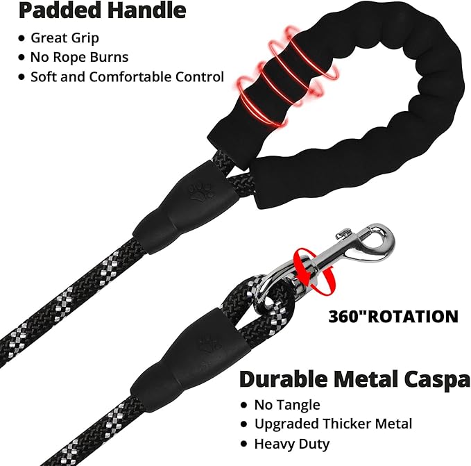 jenico Long Dog Leash 50FT: Heavy Duty Nylon Rope Leashes for Dogs Training with Reflective Threads Bungee and Padded Handle - Dog Lead for Large Small Medium Dogs Outside Walking Hiking