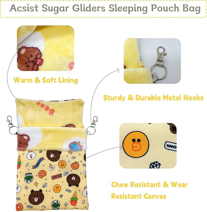 Sugar Gliders Sleeping Pouch Bag Hamster Cotton Hanging Flannel Warm Bed Hideout with Hooks Glove Small Pet Nest Bed for Squirrel Rat Hedgehog,Yellow