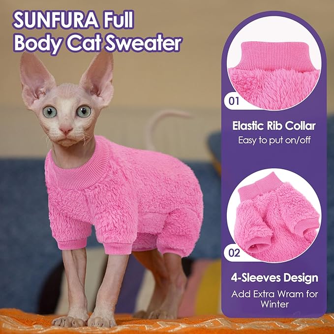SUNFURA Sphynx Hairless Cat Sweater, Full Body Warm Fleece Sweaters with Sleeves for Cats, Soft Turtleneck Cat Clothes, Cozy Pullover Pajamas for Hairless Cats Devon, Donskoy & Small Dogs, Hot Pink M