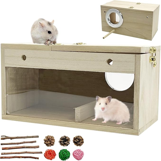 Hamiledyi Wooden Hamster House Hideout Small Animals House Habitat with Chew Toys Hideaway House Hamster Cage Accessories for Syrian Dwarf Hamster Mice Gerbils