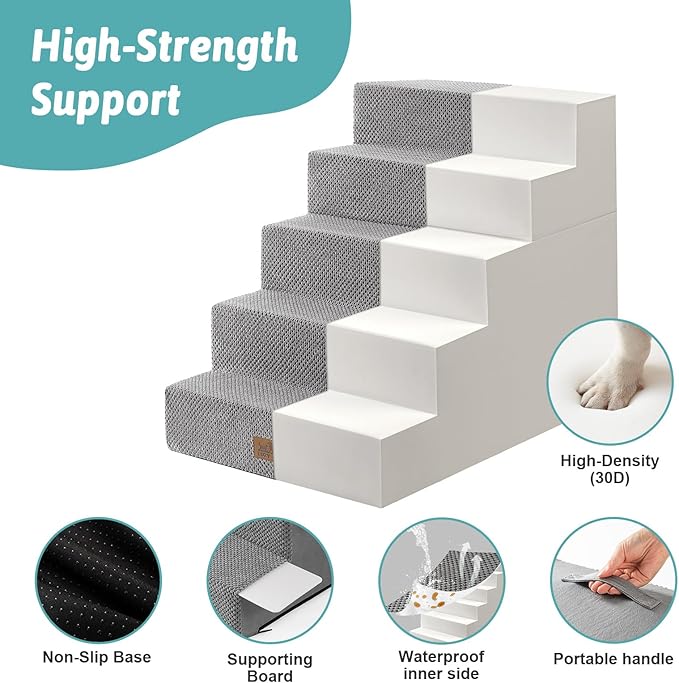 Dog Stairs for Small Dogs, 5 Tier Removable Wider Pet Stairs for Couch and Bed, 23.6" H Non-Slip Dog Steps for Puppies and Old Cats with Support Board, 29.5x19.7x23.6 inch, Grey