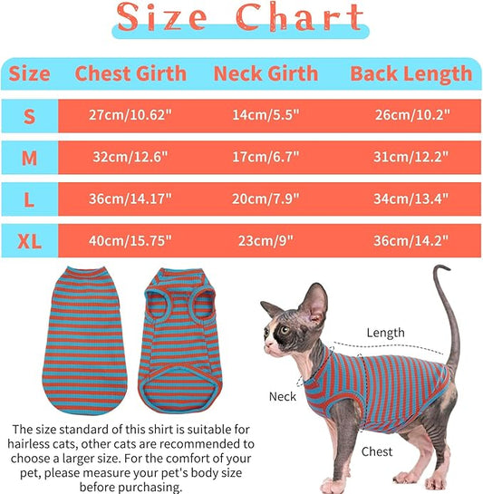 BRKURLEG Hairless Cats T Shirt, Cat Sweaters, Pullover Kitten Shirts, Sleeveless Round Collar Cotton Vest for Cornish Rex Devon Rex Peterbald and Small Dogs Sweater(OrangeBlue Stripes, S)