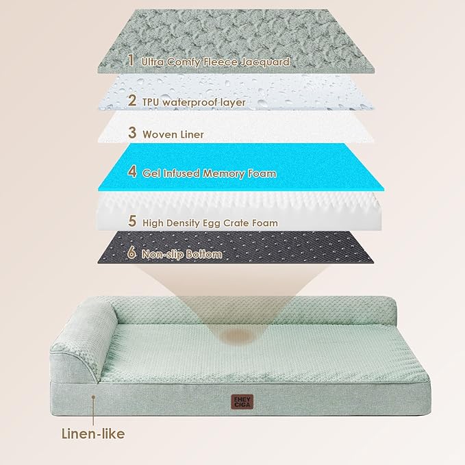 EHEYCIGA Memory Foam Dog Bed XLarge Sized Dogs, Extra Large Dog Bed Orthopedic with Washable Removable Cover, Waterproof XL Pet Bed Couch, 44x33x6 Inches, Greyish Green