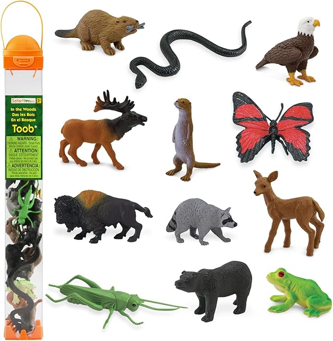 Safari Ltd In The Woods TOOB - Figurines: Elk, Otter, Monarch Butterfly, Black Bear, Snake, Eagle, Beaver, Doe, Grasshopper, Frog, Raccoon, Bison - Educational Toys for Boys, Girls & Kids Ages 3+