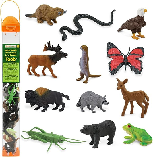 Safari Ltd In The Woods TOOB - Figurines: Elk, Otter, Monarch Butterfly, Black Bear, Snake, Eagle, Beaver, Doe, Grasshopper, Frog, Raccoon, Bison - Educational Toys for Boys, Girls & Kids Ages 3+