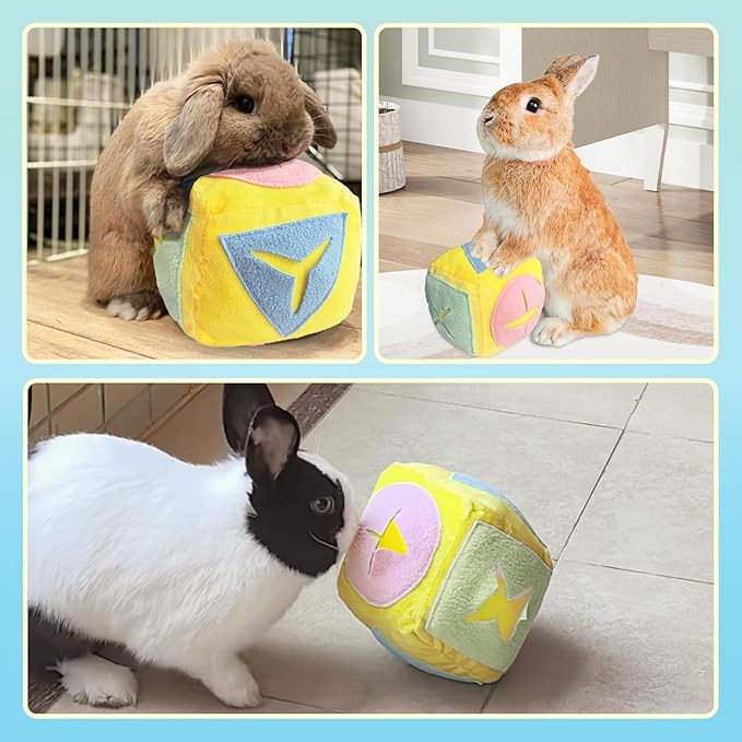 Large Rabbit Foraging Toy with Bell, Washable Snuffle Ball for Rabbits Toys Interactive Puzzle Bunny Toy Treat Dispenser Encourage Natural Foraging Skill Slow Feeder for Small Animal - Yellow