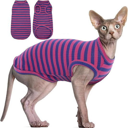 BRKURLEG Sphynx Hairless Cats Shirt Puppy Clothes Soft Cotton T-Shirts Cute Cats Pajamas Cat Stripes Vest Pet Sweater, Round Collar Vest Kitten Shirts(PinkBlue Stripes, L)