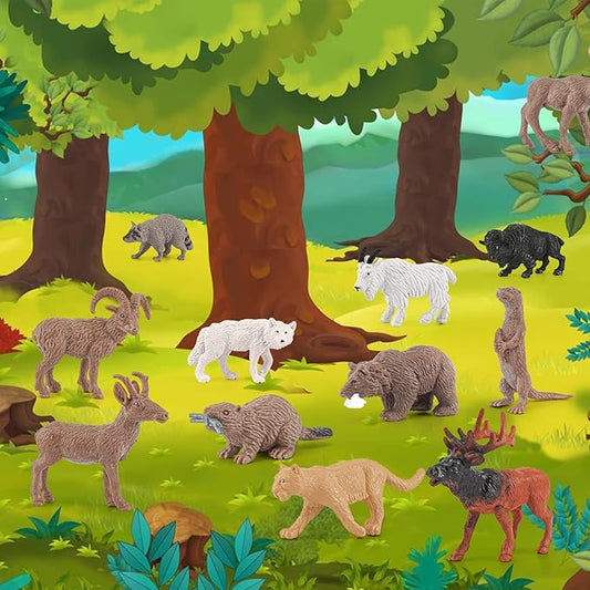 1-2 Inch North American Animals Set Mini Wild Animals Figurines Set Plastic Wolf Figure Moose Figure Toy Gift for Kid Toddlers Raccoon for Cake Topper