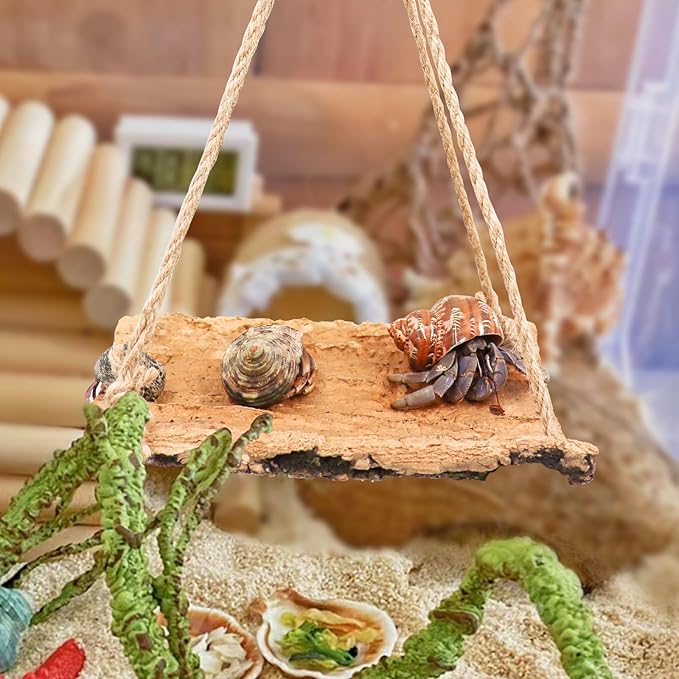 Hermit Crab Climbing Toy, Natural Wooden Reptile Swing Toy, Pet Cage Tank Aquarium Accessories for Hermit Crab Lizard Chameleon Hamster Guinea Pig Chinchilla Bird Parrot