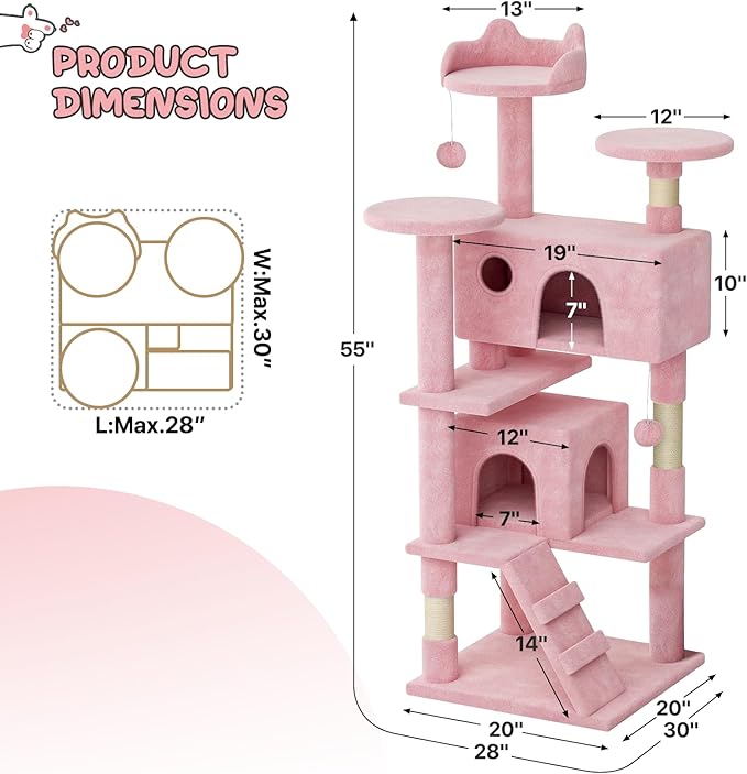 MoNiBloom 54 Inch Cat Tree Tower for Indoor Cats Large Adults, Pink Cat Tower with Scratching Post, Multi-Level Furniture Activity Center with Cat Condo Pet Play House, Soft Pink