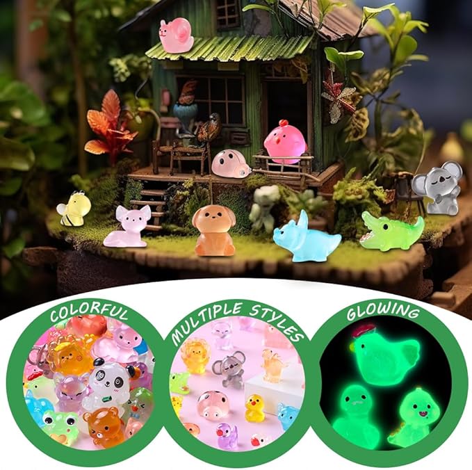 60PCS Luminous Mini Resin Animals 60 Styles Miniatures Glow in The Dark Tiny Little Figures to Hide Small Duck Figures for Party Favors Bag Fillers Garden Dollhouse Decor