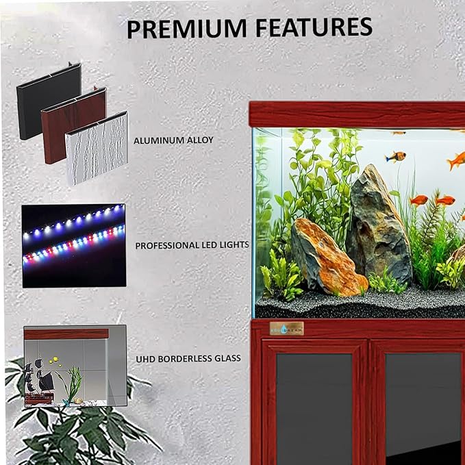 170 Gallon Aquarium Tempered Ultra Clear Glass with Complete Setup in Red Wood with Silver Trims