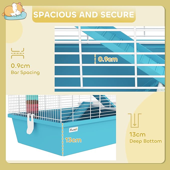 PawHut 4 Tier Hamster Cage, Large Twin Tower Design Gebril Cage with Exercise Wheel, Tubes, Hut, Ramps, Food Dish, Water Bottle, 22.8" x 14.2" x 25.6", Light Blue