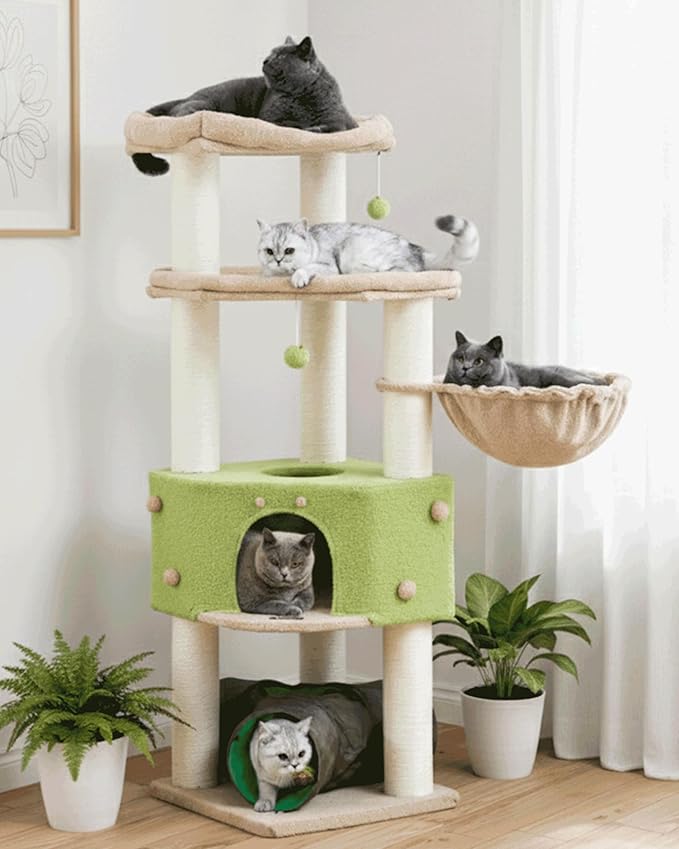 Cat Tree Tower for Indoor Cats Large Adult - Tall Kitty Condo House with Hammock Scratching Post Tunnel - 60 Inch Big Kitten Bed Condos Trees - Heavy Duty Kittens Houses Stand for Multiple Maine Coon