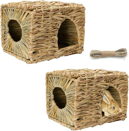 Tfwadmx 2 Pack Rabbit Grass House - Natural Hand Woven Seagrass Play Hay Bed, Collapsible Hideaway Hut Toy for Bunny Hamster Guinea Pig Chinchilla Ferret