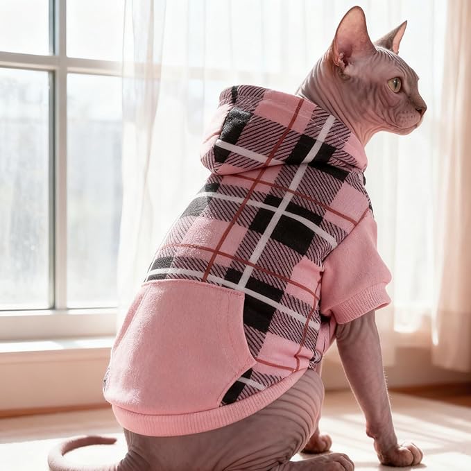EXPAWLORER Plaid Cat Hoodie - British Style Warm Cat Sweater Shirt with Leash Hole,Pet Clothes Outfits,Winter Coat Apparel for Puppy Cats Girl Boy-Kitten Apparel,Pink M