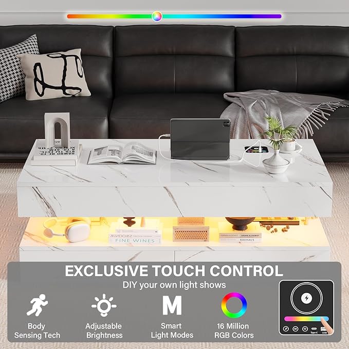 LED Coffee Table, 47.2" Coffee Tables with Storage Drawers, Smart Living Room Table with Wireless Charging & Bluetooth Speaker,Modern Center Tables for Living Room, White Marble