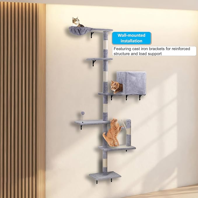 Wall Mounted Cat Climber Set, Modern Cat Furniture with ScratchingPost,Platforms，Dangling Balls,Condo，Suit for Cats Climb, Jump, Nap, Scratch-Gray