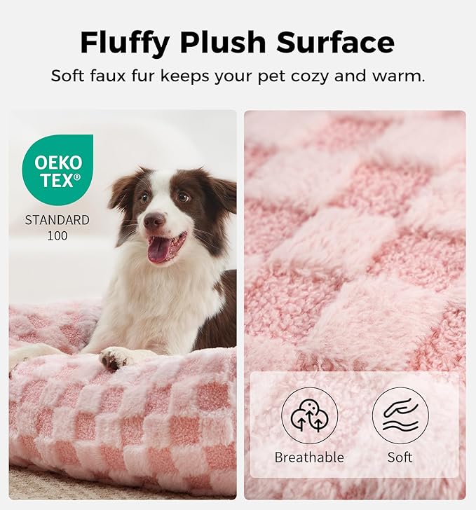 MADE 4 PETS Dog Couch Bed, Soft Faux Fur Checkered Indoor Pet Sofa, Comfortable Fluffy Dog Sofa with Supportive Foam, Removable Washable Cover with Non-Slip Base, Pink, Large