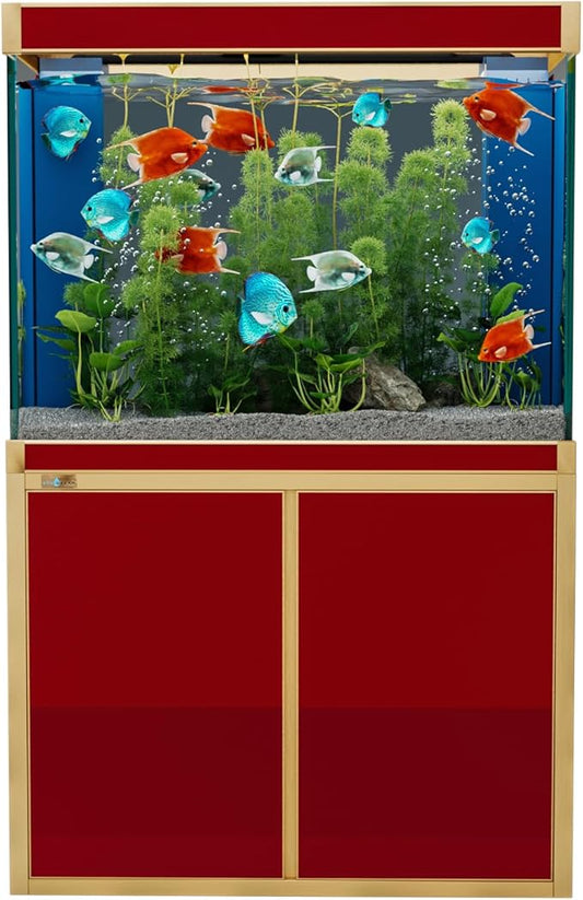 100 Gallon Aquarium Fish Tank with Upright Fishtank Stand Water Pump Freshwater Filter LED Bundle and Straight Corners Clear Glass - Red with Gold Trims